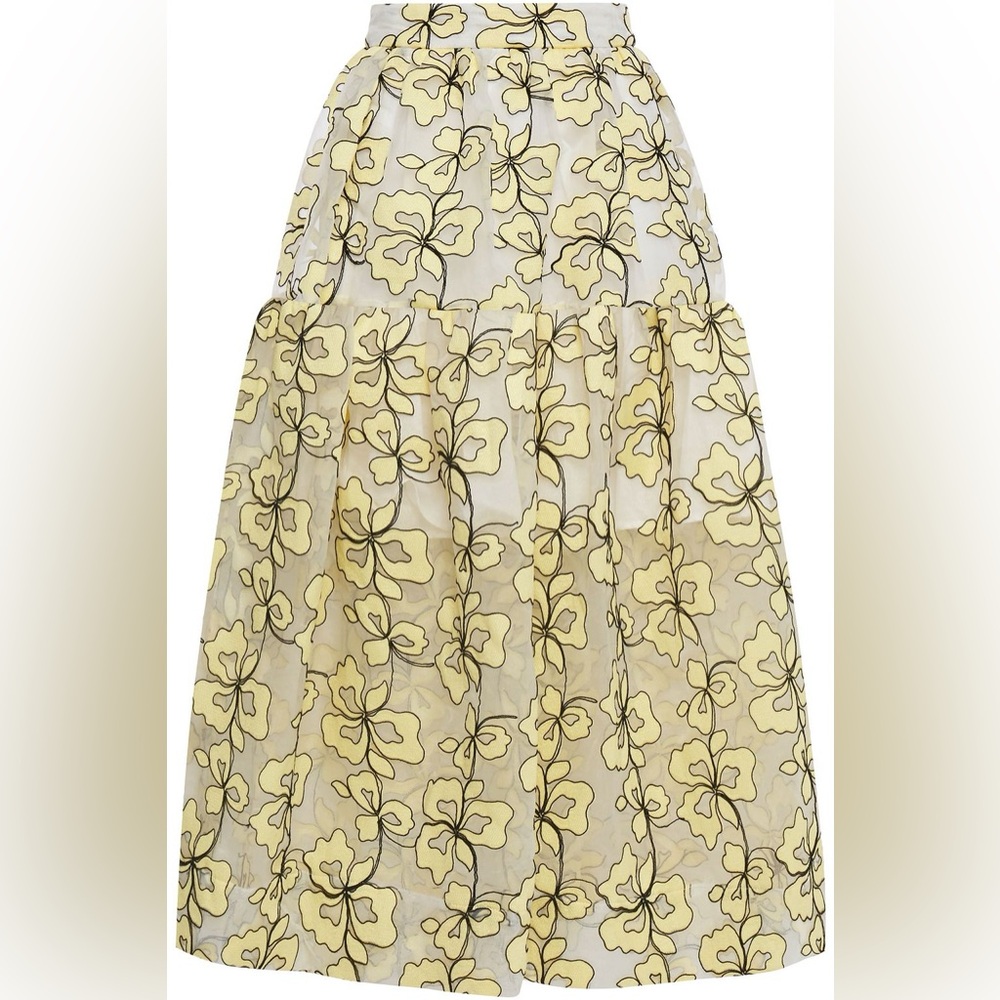 [New] Maje Jizia Floral-pattern Organza Skirt in Yellow